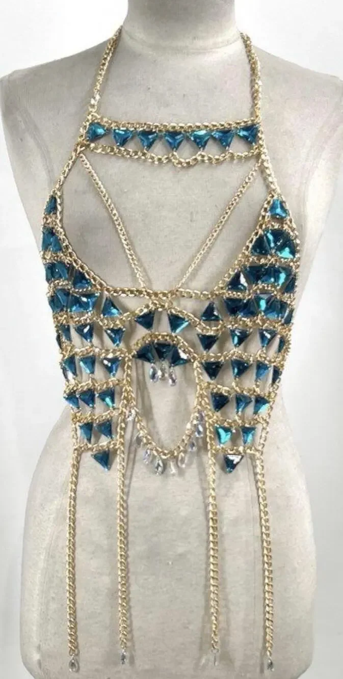 Rhinestone body chain bra, statement accessory bikini harness top body jewelry